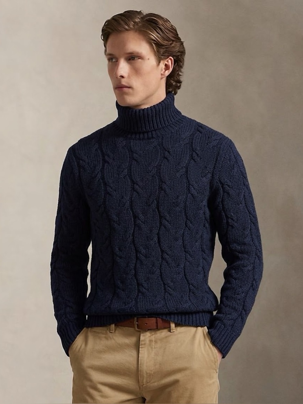 CLUB MONACO Men's Vintage Cable Knit Cotton Turtleneck Sweater, Navy Blue Medium